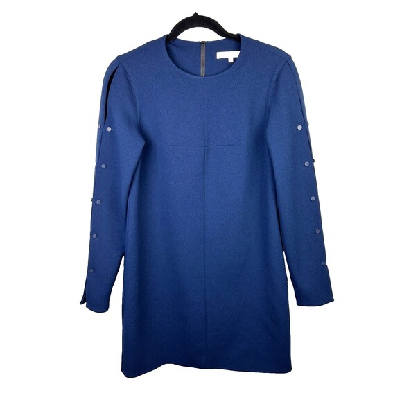 Tibi Structured Crepe Navy Blue Shift Dress Long Studded Sleeves Mini Cocktail 2 - Picture 3 of 14